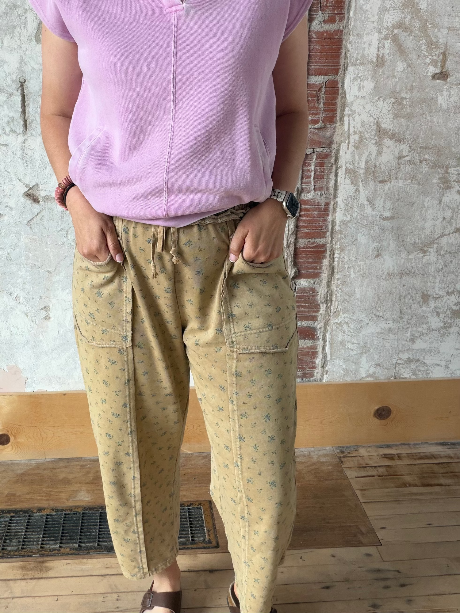 Flower Printed Washed Terry Pants