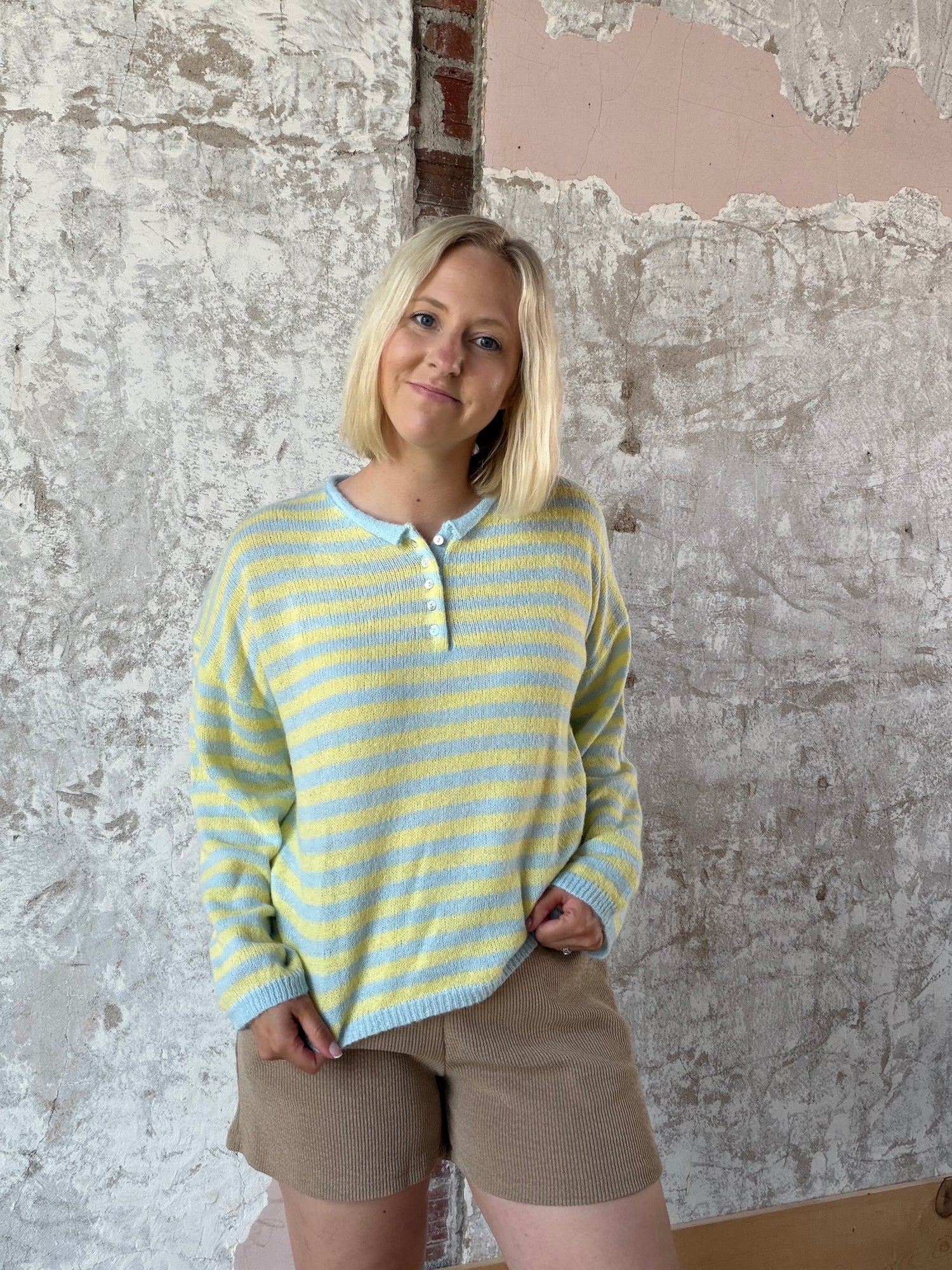 Long Sleeve Rolled Hemline Detail Stripe Half Button Sweater