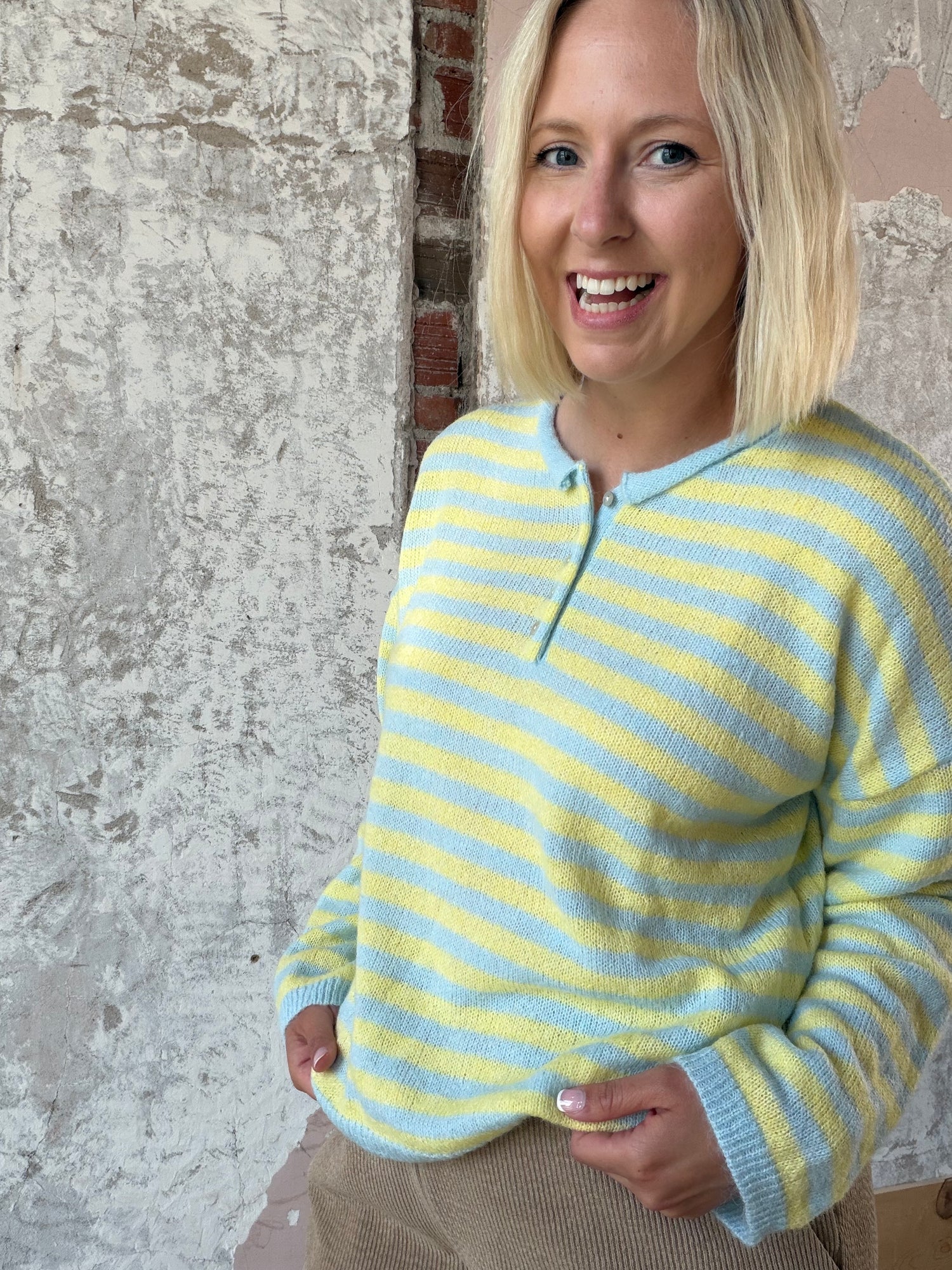 Long Sleeve Rolled Hemline Detail Stripe Half Button Sweater