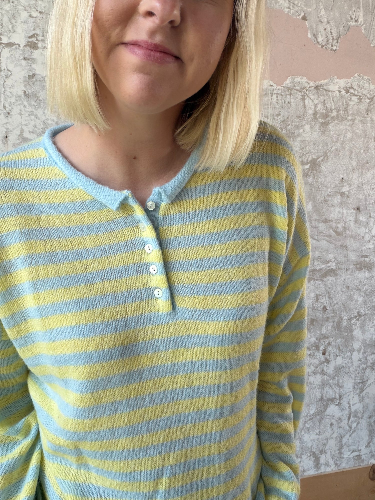 Long Sleeve Rolled Hemline Detail Stripe Half Button Sweater