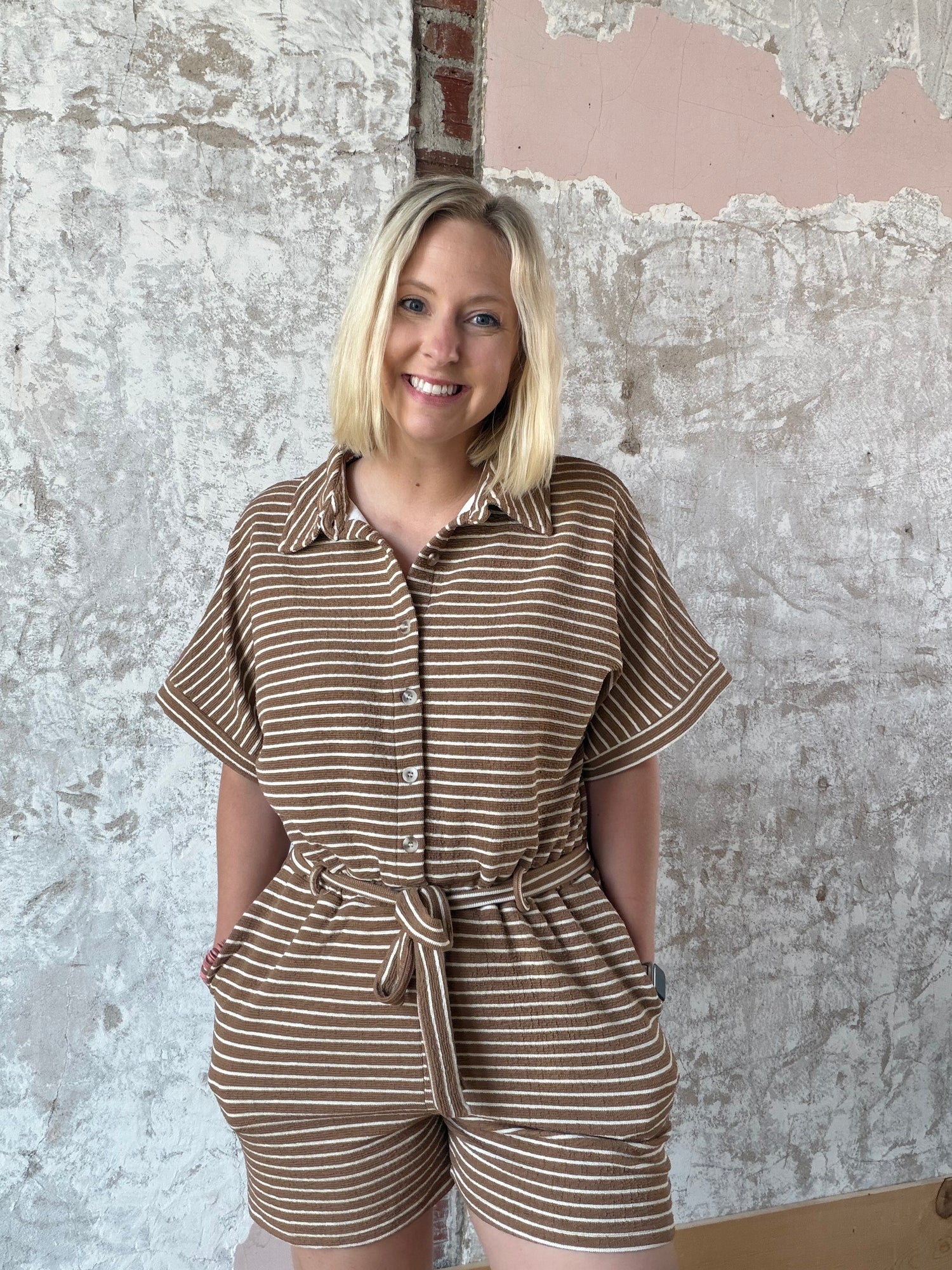Striped Half Sleeve Button Up Waist Tie Romper