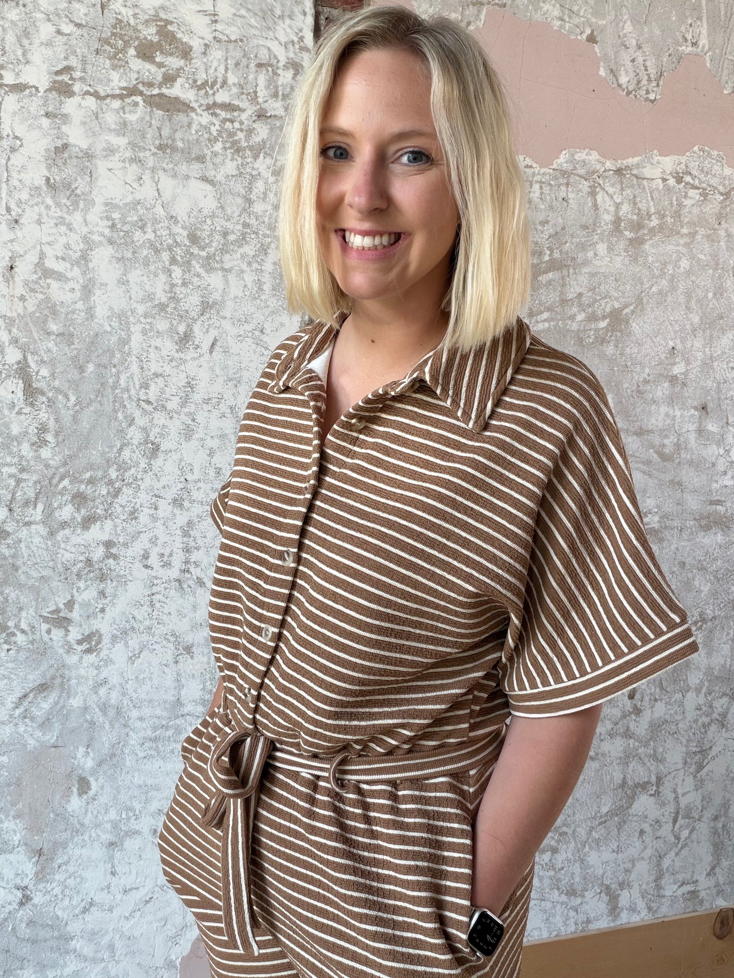 Striped Half Sleeve Button Up Waist Tie Romper
