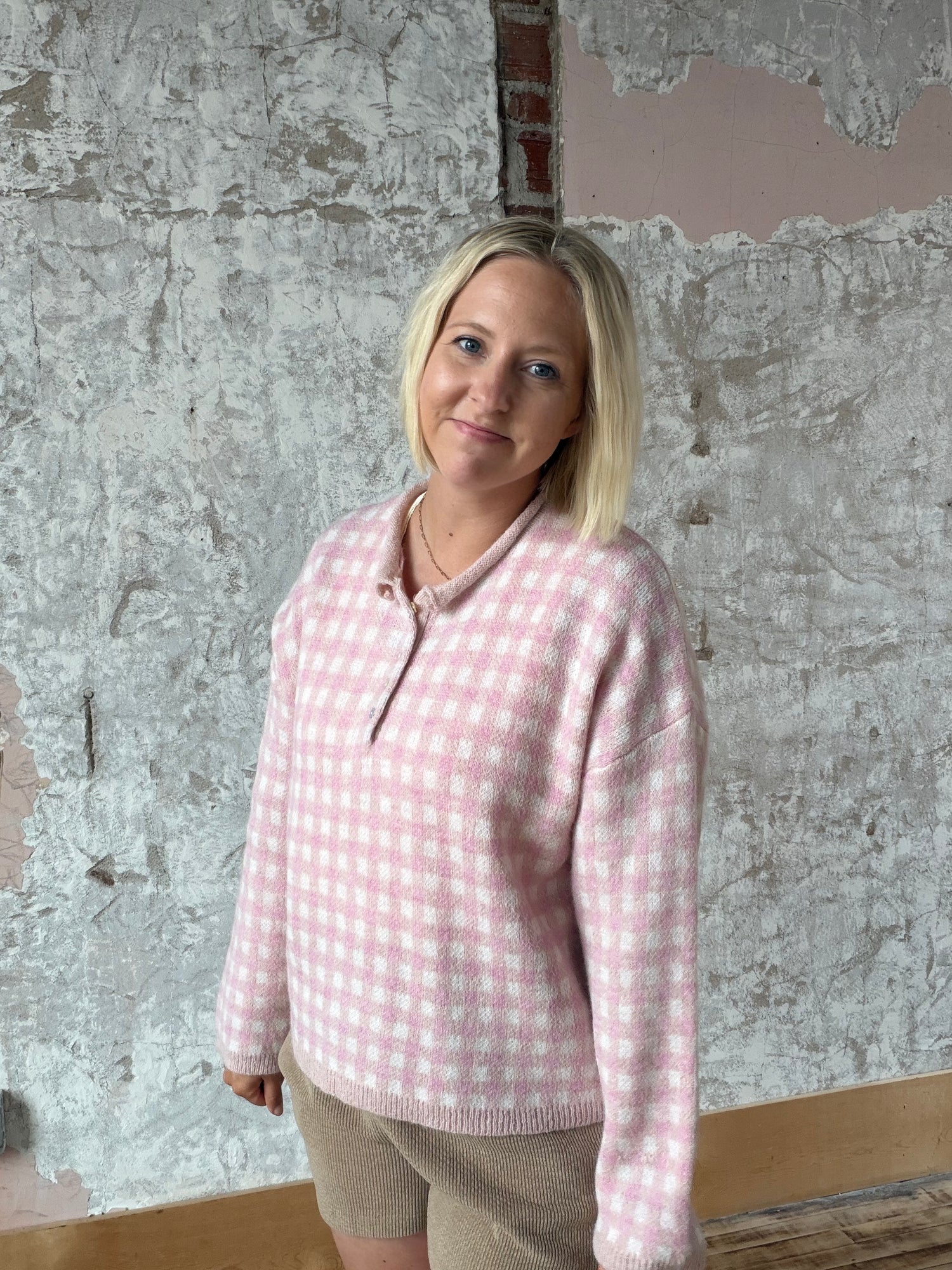 Rolled Hemline Checkered Half Button Sweater