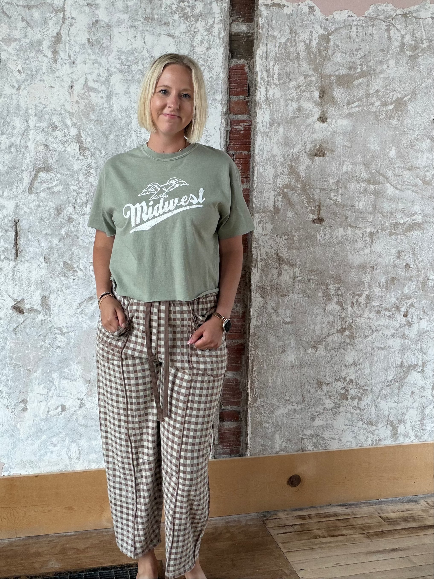 Soft Brushed Check Barrel Fit Utility Knit Pants