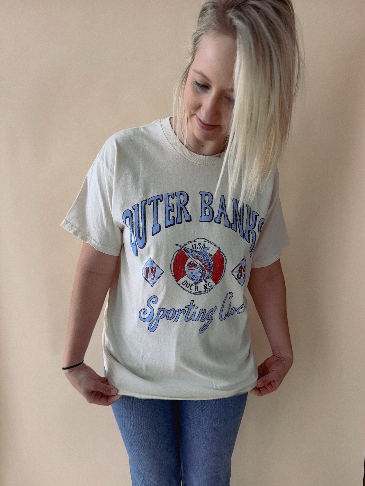 Outer Banks Sporting Club Off White Thrifted Graphic Tee