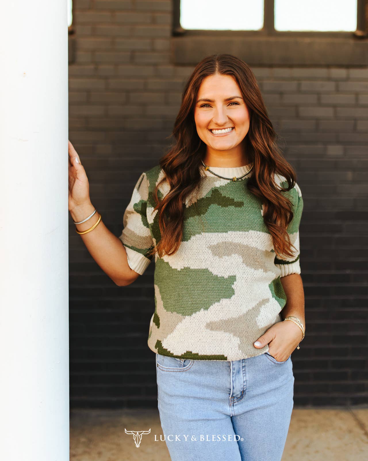 Camo Cable Knit Puff Sleeve Sweater Top (extended sizes!)