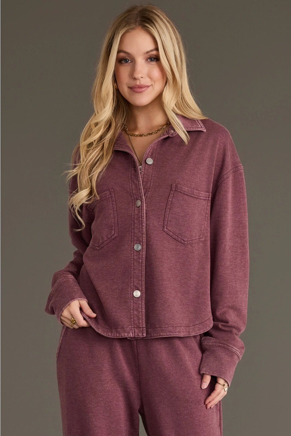 Merlot Washed Soft Cropped Button Up & Sweatpants Set