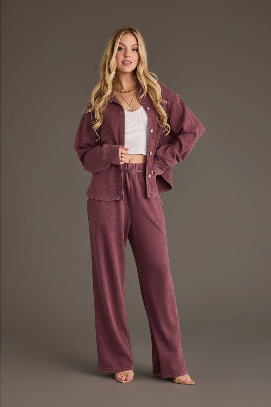 Merlot Washed Soft Cropped Button Up & Sweatpants Set