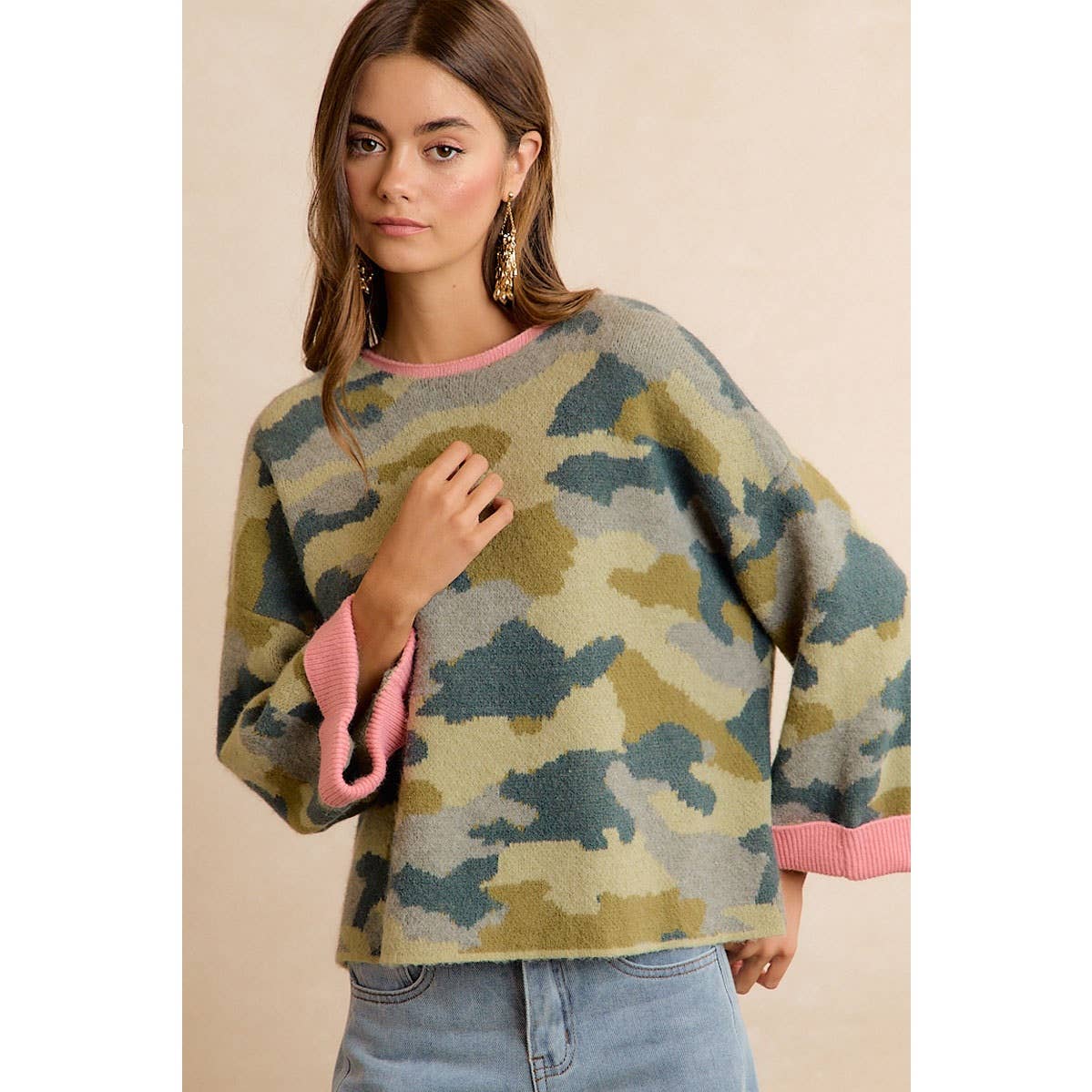 Soft Camo Contrast Neck and Roll Up Sweater (extended!)