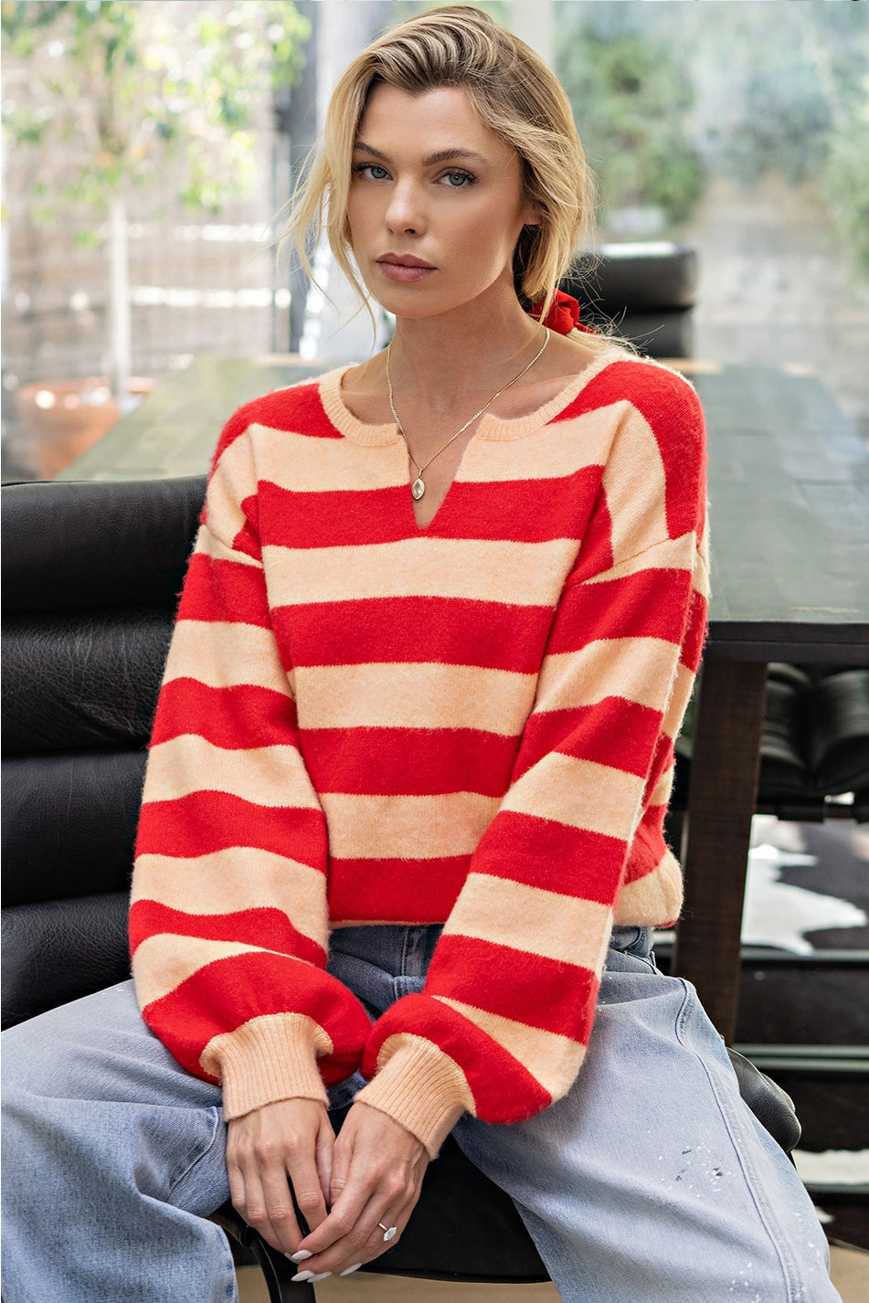Front Slit Crew Neck Stripe Sweater