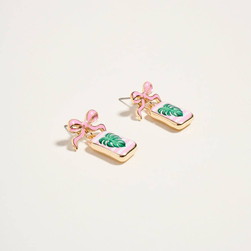 Vintage Fruit & Plant Print Tile Enamel Bow Earrings