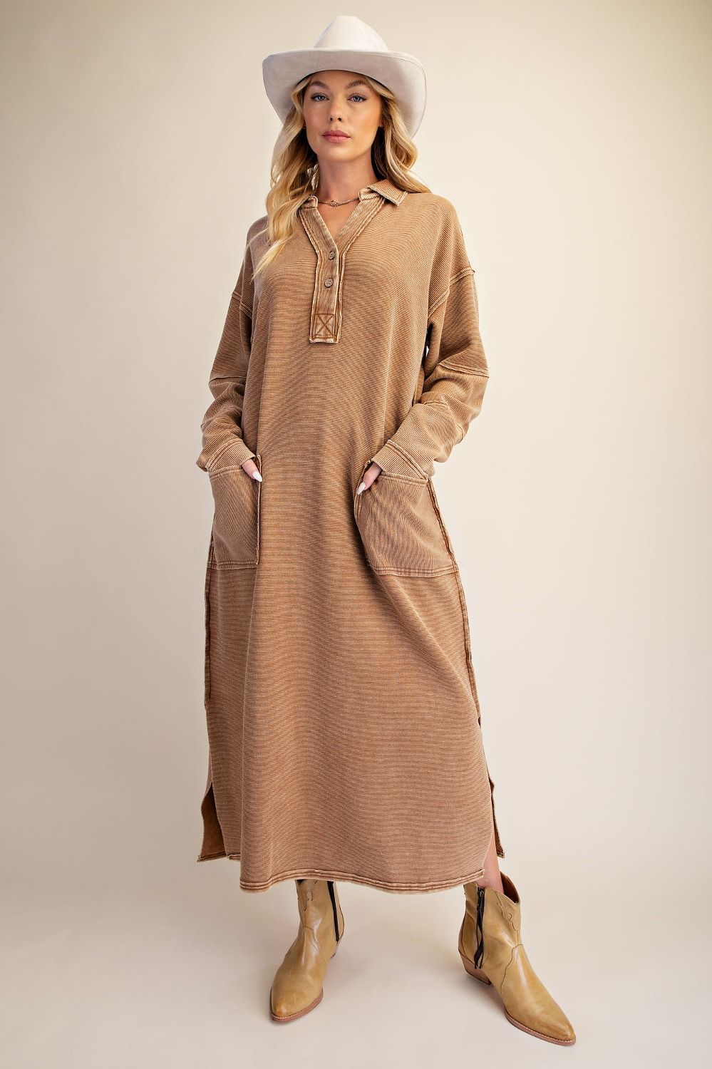 Washed Textured Knit Henley Dress