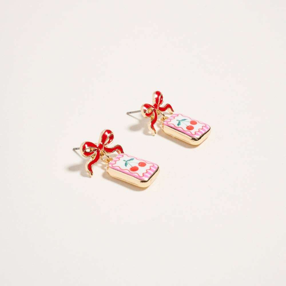 Vintage Fruit & Plant Print Tile Enamel Bow Earrings