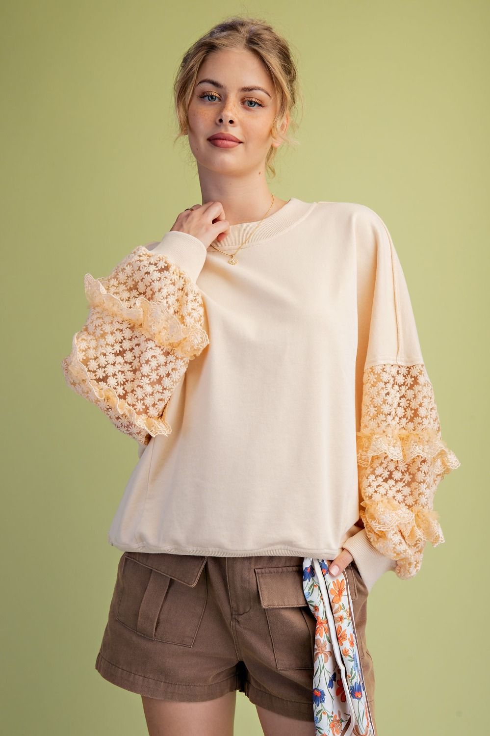 Lace Sleeve Contrast Terry Pullover